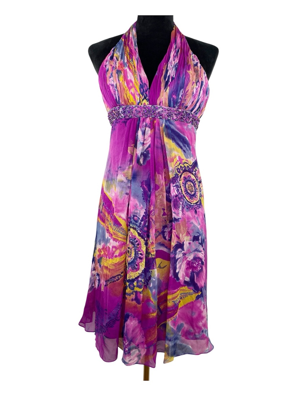 Vintage Y2K Cache 100% Silk Beaded Halter Dress Magenta Floral Watercolor Size 2